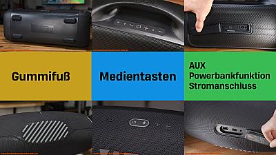 JBL Boombox 3 vs Tribit Stormbox Blast - Anschlüsse, Gummifuß und Medientasten